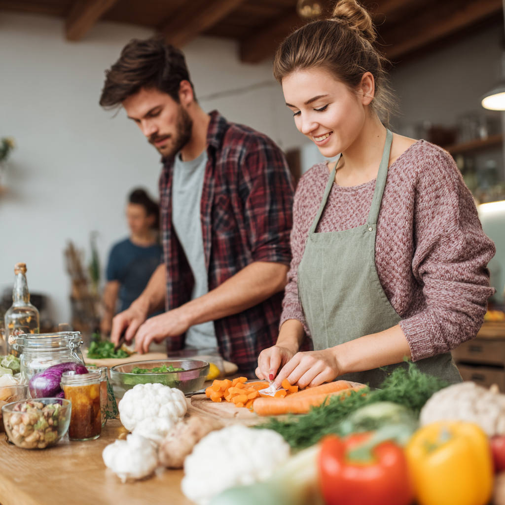Healthy Slovak adults enjoying nutritious layered meals together in a modern kitchen setting