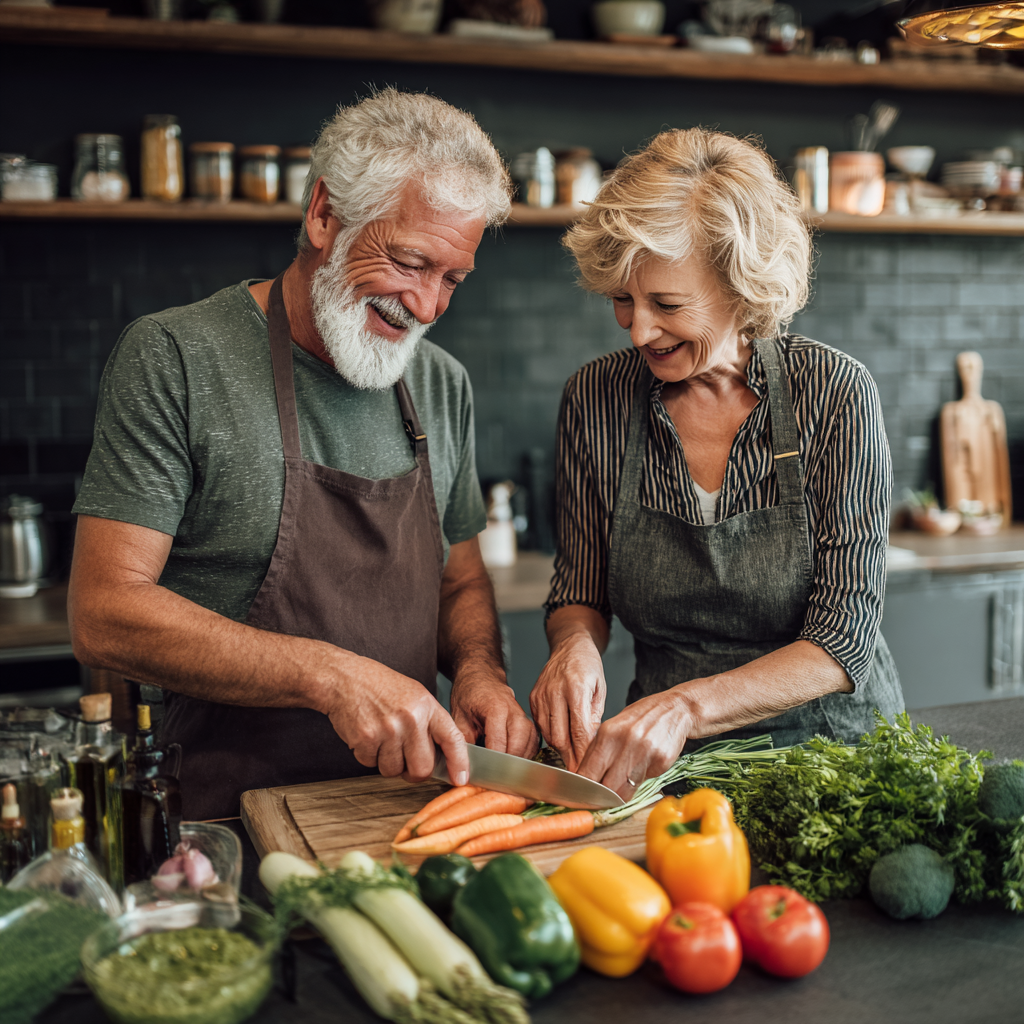 Slovak adults preparing colorful nutritious meals with high protein and fiber content in a bright kitchen