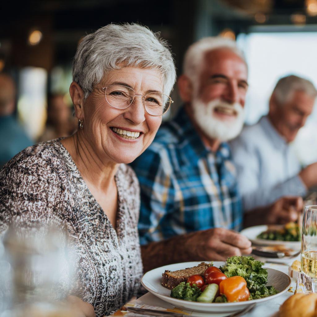 Group of Slovak adults of various ages smiling while enjoying healthy meals in a bright dining setting